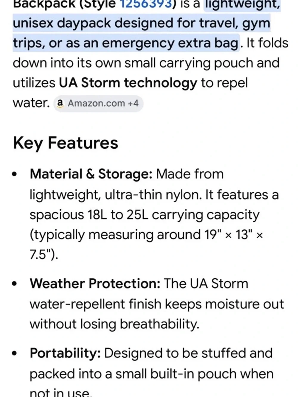 Under Armour Adaptable Packable Backpack Lightweight Zip Black Water Repellant